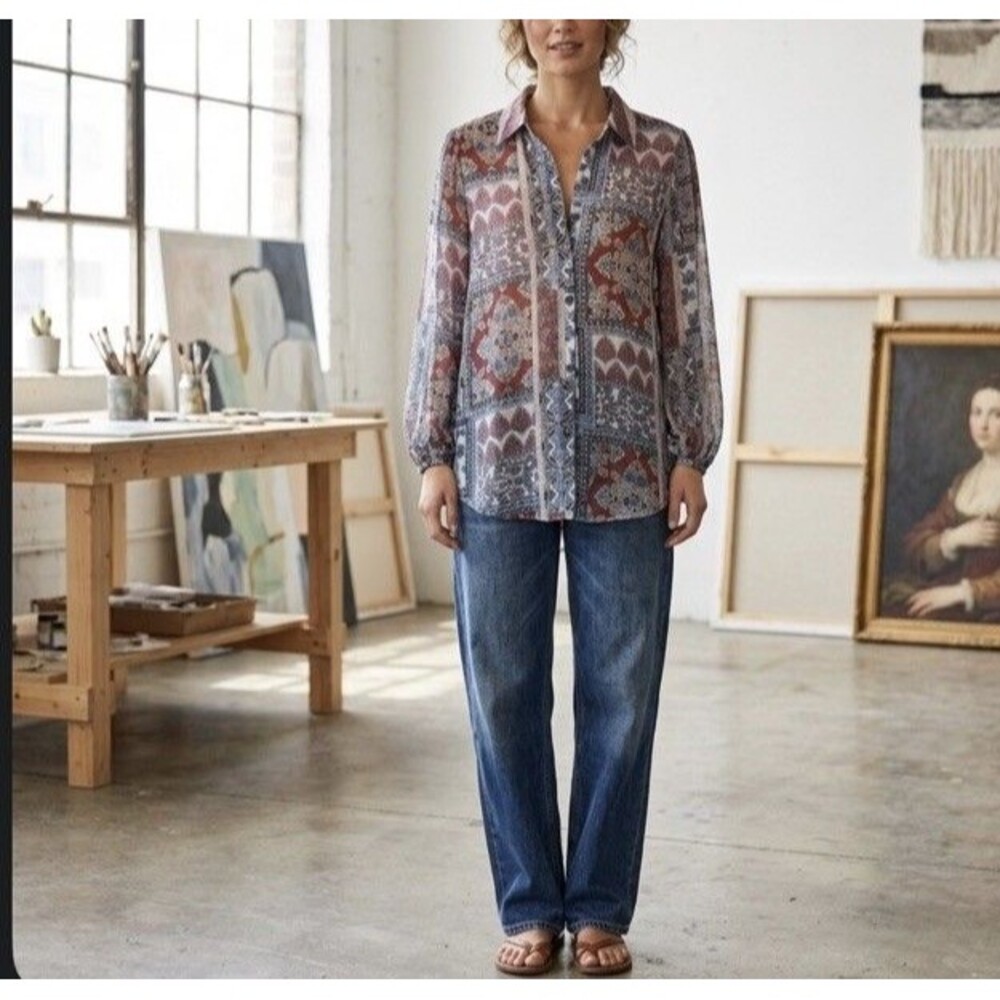HAVER London Patchwork Print Button Up Blouse Sz M Bohemian 3/4 Sleeve Top